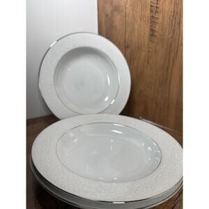 Carriage House Young Lace 457 Japan White Scrolls on White Wide Rim Soup Bowls